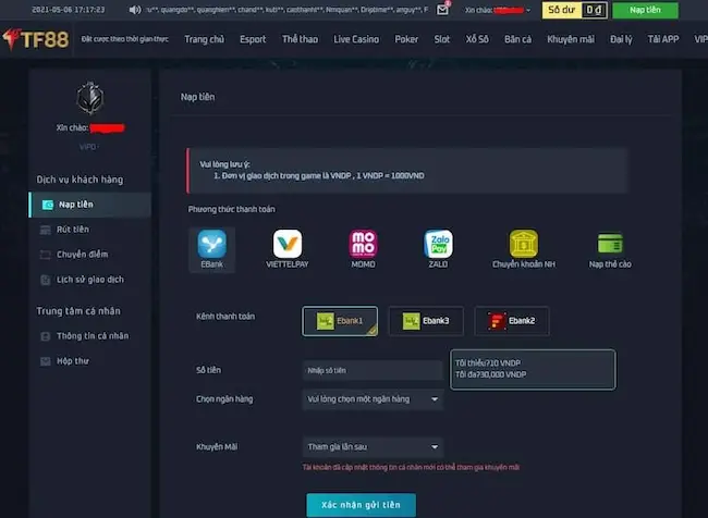 Hướng dẫn nạp tiền tại TF88 siêu tốc